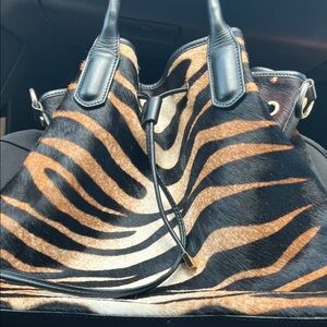 Zebra-Stripe Drawstring Tote in Black and Brown
